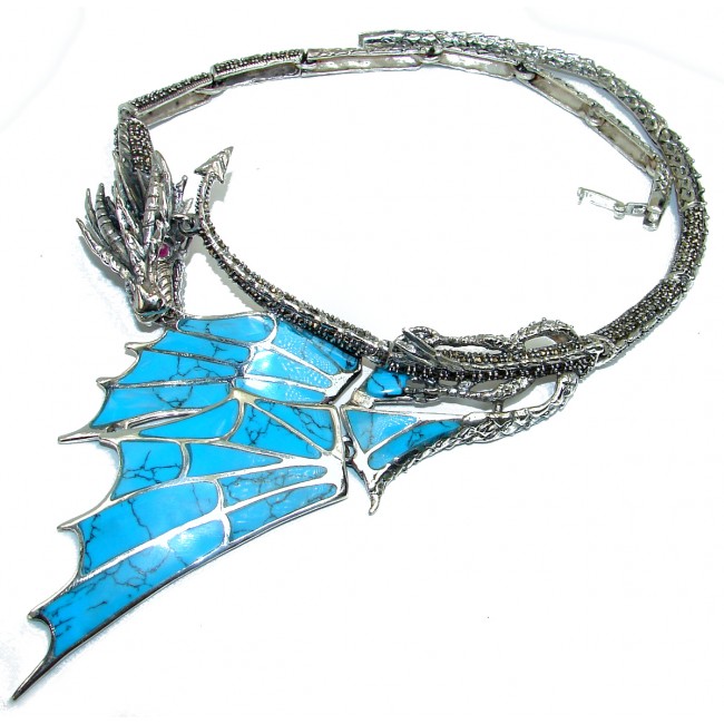 MASSIVE Dragon Genuine inlay Turquoise Marcasite .925 Sterling Silver handmade handcrafted Necklace