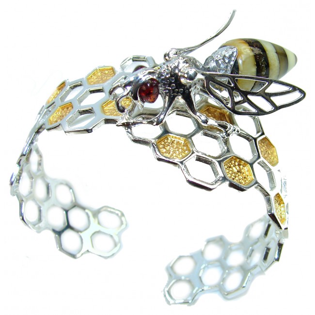 Real Masterpiece Honey Bee Polish Amber Two Tones .925 Sterling Silver HANDCRAFTED Bracelet / Cuff