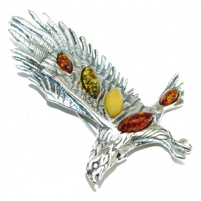 Huge Beautiful genuine Amber Eagle .925 Sterling Silver handcrafted Pendant Brooch