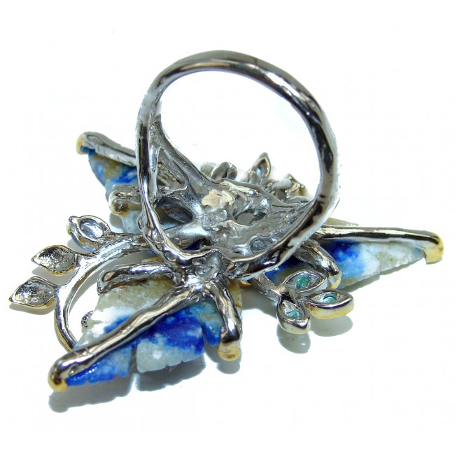Large Exotic Flower carved Raindrop Azurite 2 tones .925 Sterling Silver Ring s. 8 3/4