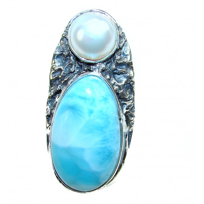 HUGE Natural Larimar Pearl .925 Sterling Silver handcrafted Ring s. 8 adjustable