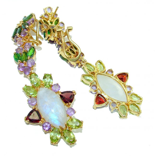 Genuine Fire Moonstone Emerald 14K Gold over .925 Sterling Silver handcrafted LONG Earrings