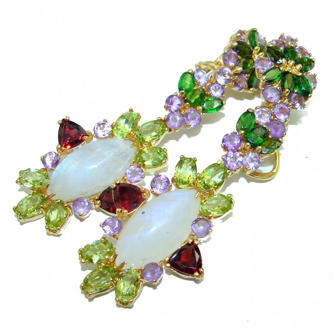 Genuine Fire Moonstone Emerald 14K Gold over .925 Sterling Silver handcrafted LONG Earrings