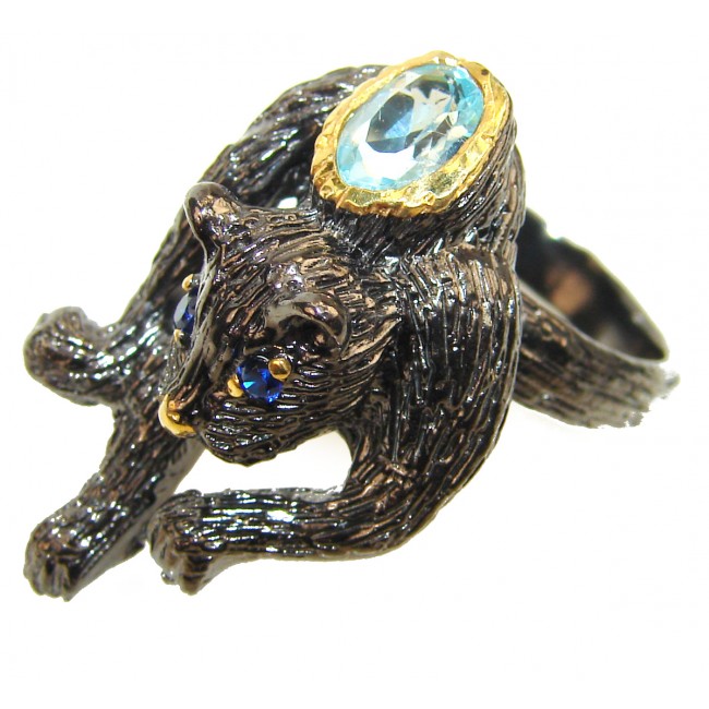 Black Cat Swiss Blue Topaz .925 Sterling Silver handmade Ring size 7 1/4