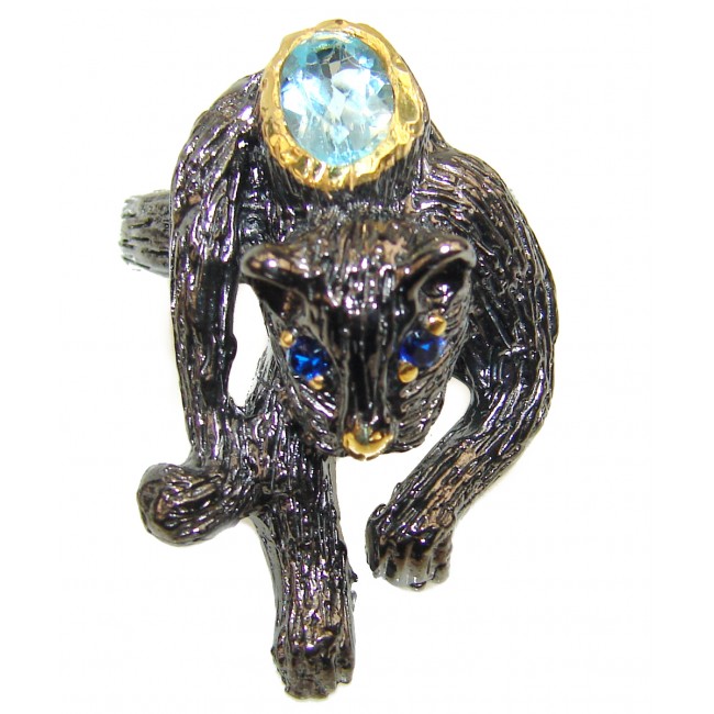 Black Cat Swiss Blue Topaz .925 Sterling Silver handmade Ring size 7 1/4