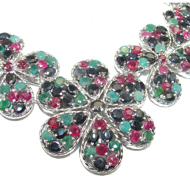 Marvels authentic Kashmir Ruby Emerald Sapphire .925 Sterling Silver handcrafted necklace