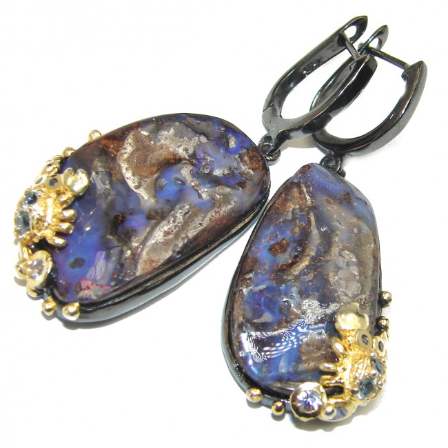 Classy Design Australian Boulder Opal black rhodium over .925 Sterling Silver handmade earrings