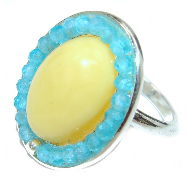 Authentic rare Butterscotch Baltic Amber Aquamarine .925 Sterling Silver handcrafted ring; s. 7 adjustable