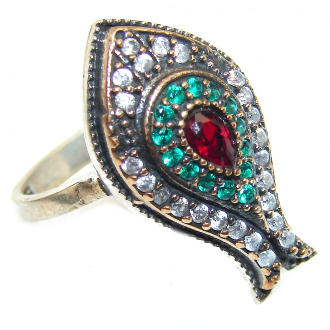 Victorian Style Ruby & White Topaz Copper over Sterling Silver ring; s. 8 1/4