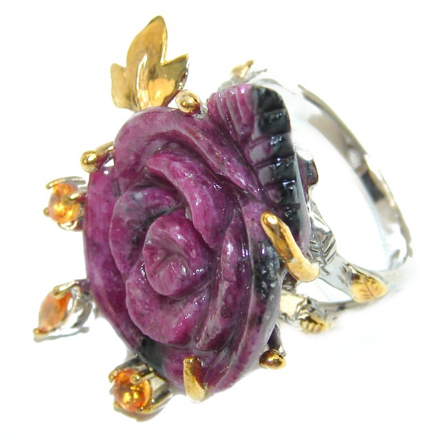 Large Exotic Flower carved Ruby In Zoisite 2 tones .925 Sterling Silver Ring s. 7