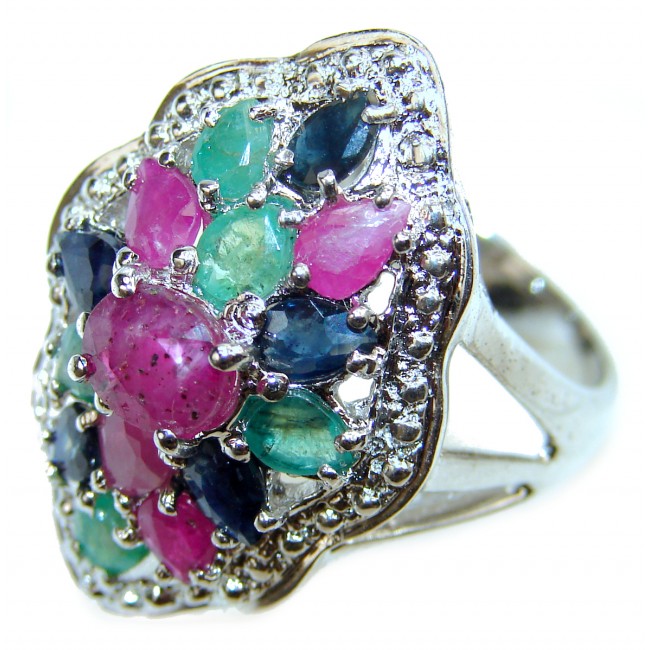 Victorian Style Ruby Emerald Sapphire .925 Sterling Silver ring; s. 8