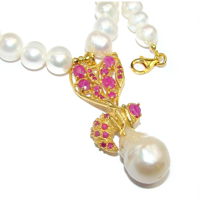 Pearl & Ruby 14K Gold over .925 Sterling Silver handmade Necklace