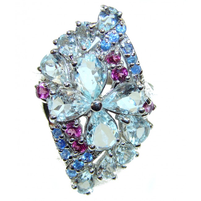 Bouquet of Flowers Authentic Aquamarine .925 Sterling Silver handmade Ring s. 8 1/4