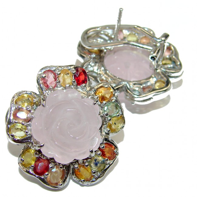 Genuine carved Rose Quartz Sapphire .925 Sterling Silver handcrafted Earrings