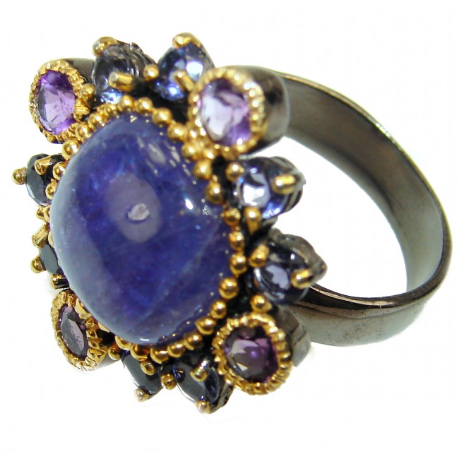 Blue Flower Authentic Tanzanite black rhodium over .925 Sterling Silver handmade Ring s. 9