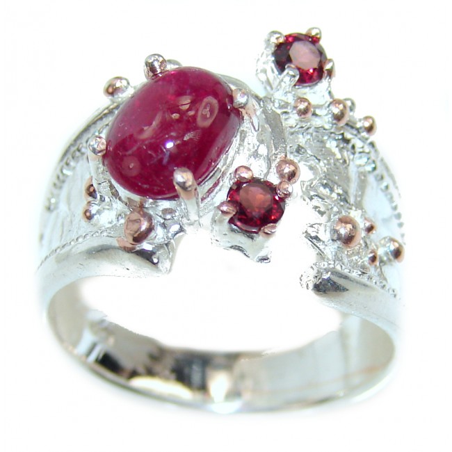 Authentic 6.5 carat Ruby 2 tones .925 Sterling Silver handcrafted ring; s. 8