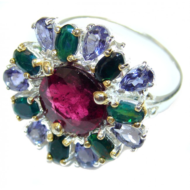 Floral Design Ruby 2 tones .925 Sterling Silver handcrafted ring; s. 8 3/4