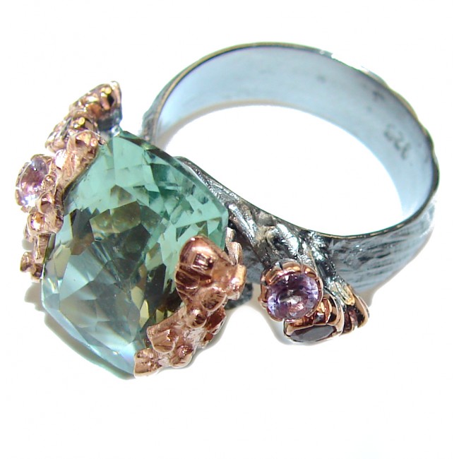 Best quality Green Amethyst 2 tones .925 Sterling Silver handcrafted Ring Size 7