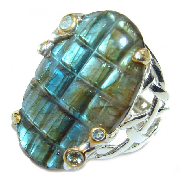 Precious 20.5 carat carved Labradorite .925 Sterling Silver handcrafted ring size 8