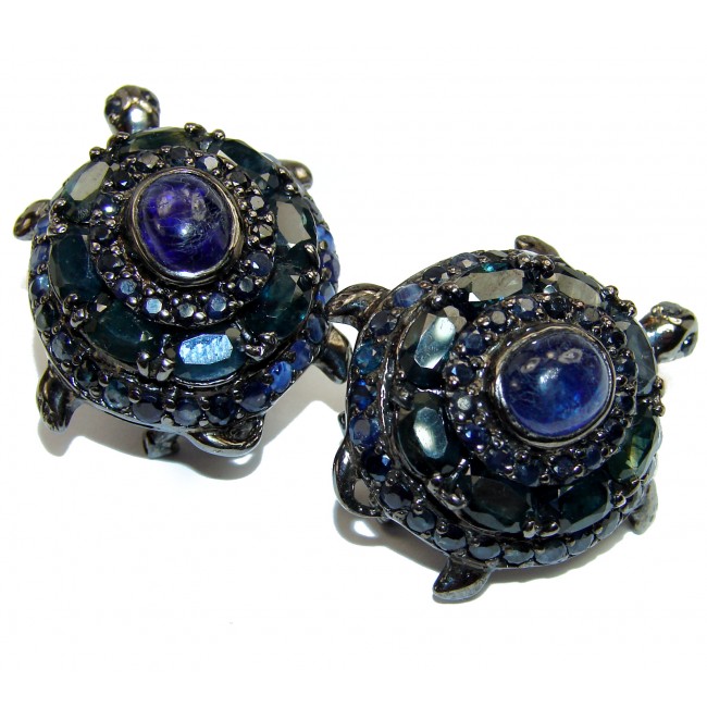 Good health and Long life Turtle Genuine Sapphire black rhodium over .925 Sterling Silver handmade earrings