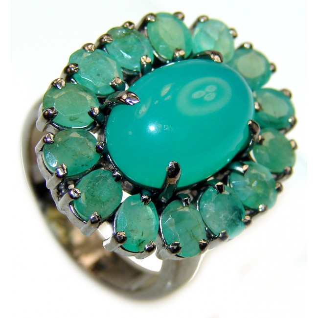 Spectacular Natural Jade Emerald black rhodium over .925 Sterling Silver handmade Statement ring s. 7 3/4