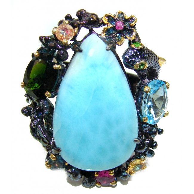 18.6 carat Larimar black rhodium over .925 Sterling Silver handcrafted Ring s. 9 1/4
