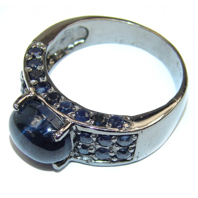 Royal quality unique Blue Star Sapphire black rhodium over .925 Sterling Silver handcrafted Ring size 9