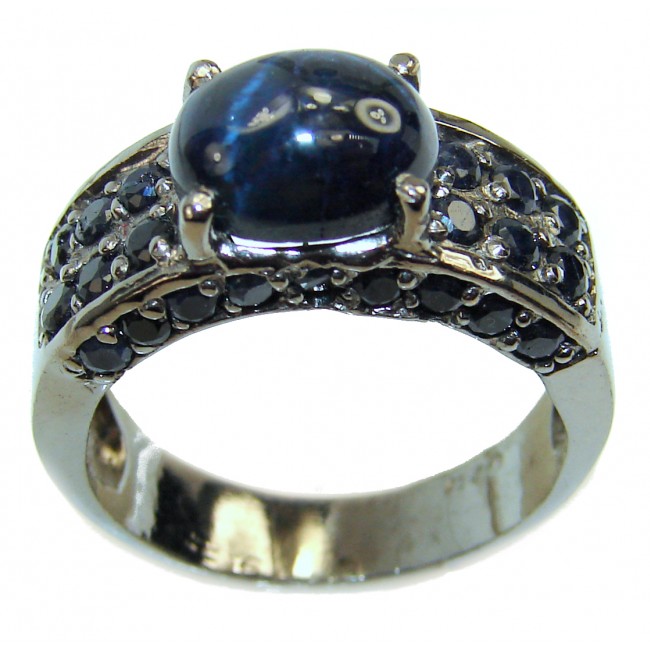 Royal quality unique Blue Star Sapphire black rhodium over .925 Sterling Silver handcrafted Ring size 9