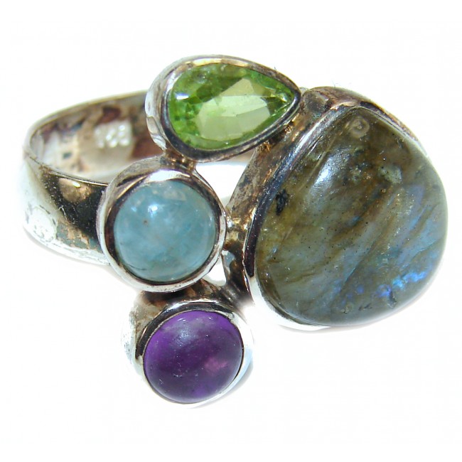 Precious 10.5 carat faceted shimmering Labradorite .925 Sterling Silver handcrafted ring size 8 1/4
