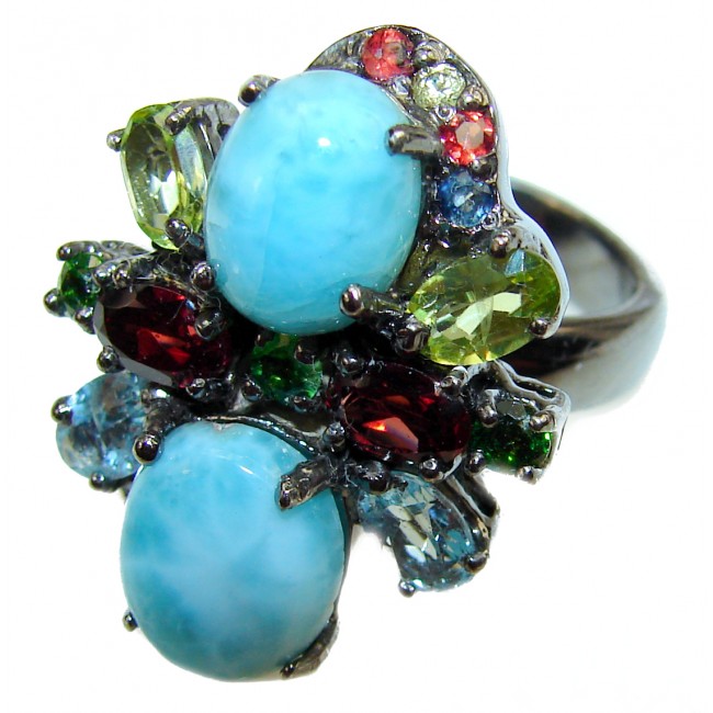 12.6 carat Larimar black rhodium over .925 Sterling Silver handcrafted Ring s. 7