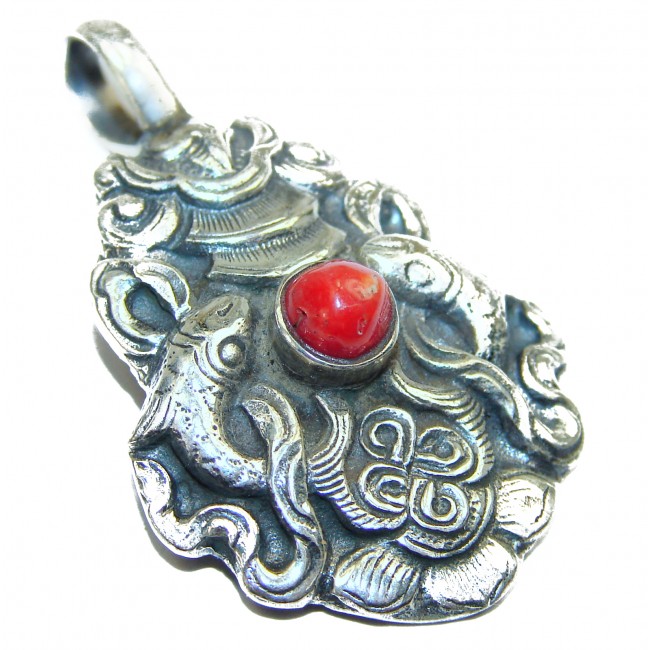 Red Fossilized Coral Sterling Silver pendant brooch