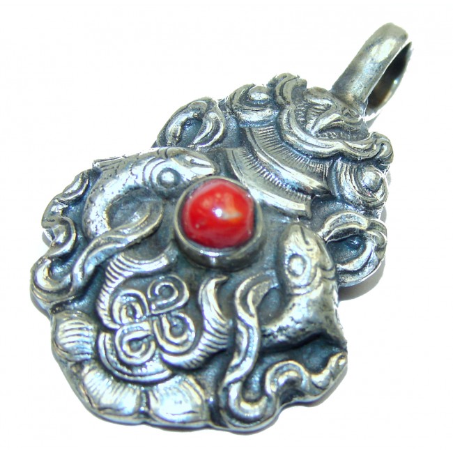 Red Fossilized Coral Sterling Silver pendant brooch