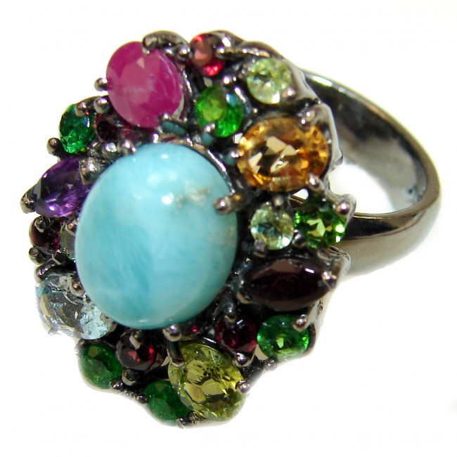 5.6 carat Larimar black rhodium over .925 Sterling Silver handcrafted Ring s. 7 3/4