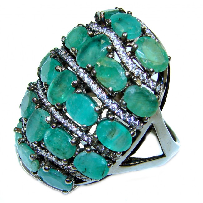 Spectacular Natural Emerald black rhodium over .925 Sterling Silver handmade Statement ring s. 9