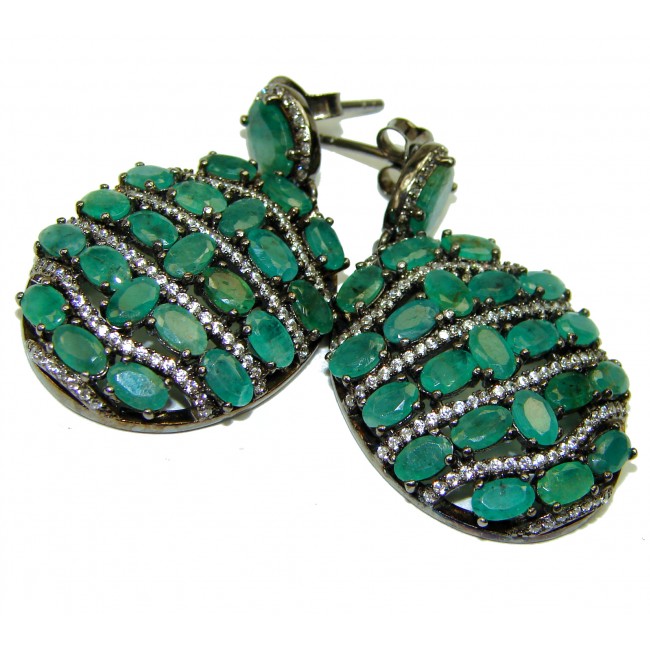 Very Unique Green Emerald Rhodium over .925 Sterling Silver handcrafted earrings