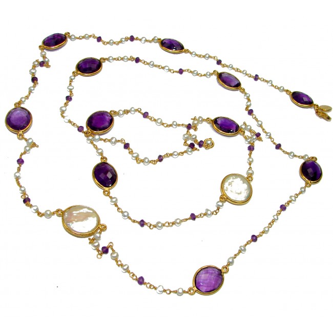 Authentic Amethyst 42 inches 14k Gold over .925 Sterling Silver handcrafted necklace