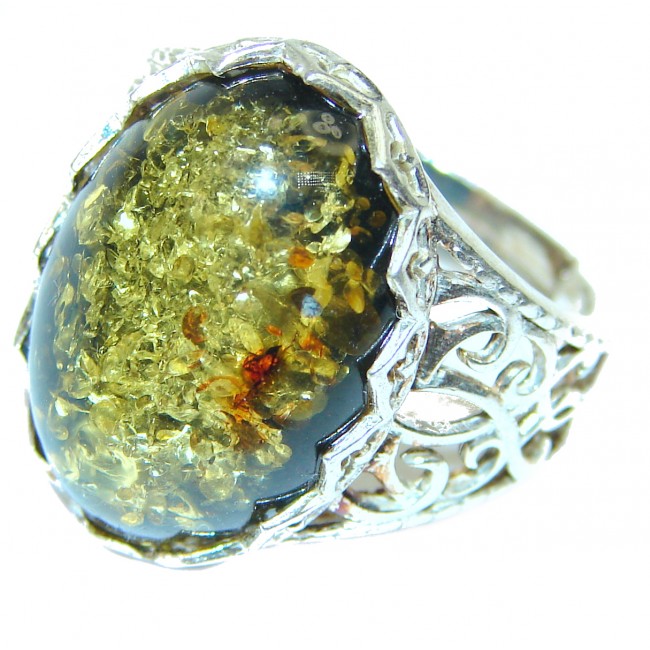 Authentic Green Baltic Amber 14K Gold over .925 Sterling Silver handcrafted ring; s. 6 adjustable