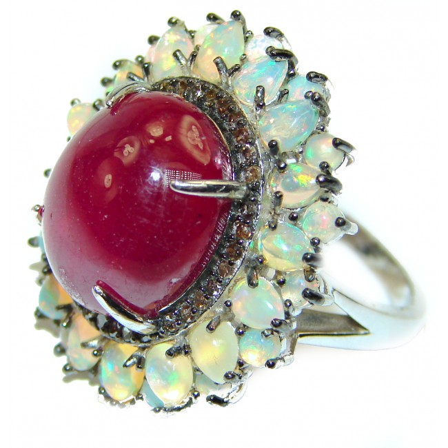 Endless Love Genuine 22.7 carat Ethiopian Opal Ruby .925 Sterling Silver handmade Ring size 7 1/4