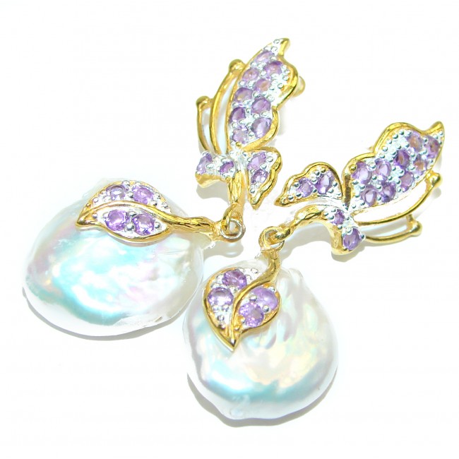 Baroque Design Mother Of Pearl & Amethyst 2 tones .925 Sterling Silver earrings
