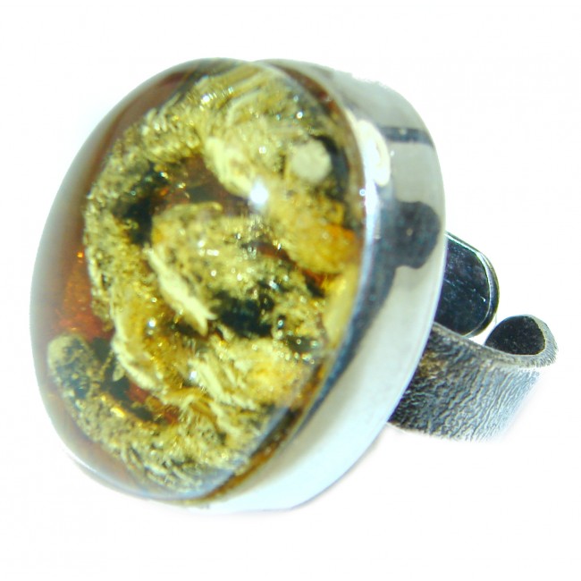 Authentic Baltic Amber .925 Sterling Silver handcrafted Large ring; s. 8 adjustable