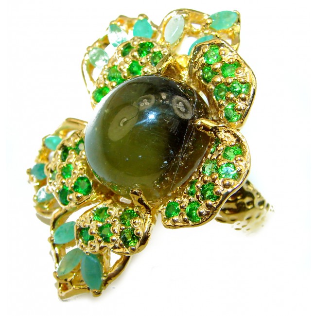 Authentic 10.2ct Green Tourmaline Yellow gold over .925 Sterling Silver brilliantly handcrafted ring s. 7 1/2