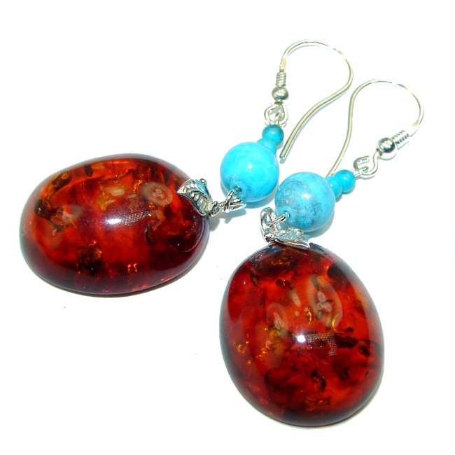 Bohemian Style Baltic Polish Amber Turquoise .925 Sterling Silver Earrings