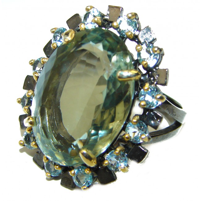 Royal Design design 22.2 carat Natural Green Amethyst 14K Gold over .925 Sterling Silver handmade ring s. 8