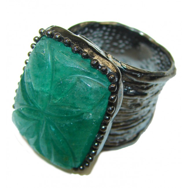 Vintage Style Carved Jade black rhodium over .925 Sterling Silver handmade Cocktail Ring s. 7 1/2