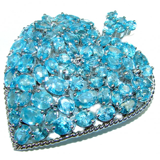 Large Blue Heart genuine Swiss Blue Topaz .925 Sterling Silver handmade LARGE Pendant - Brooch